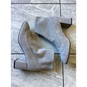 Cole Haan Grand OS Grey Suede Block Heel Ankle Boots Gold Detail Womens 8B